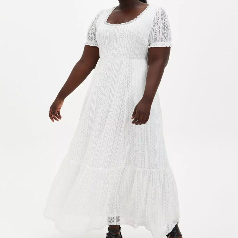 NWT Torrid White Lace Dress Size 00 M/L 10 White Lace Puff Sleeve Skater Maxi